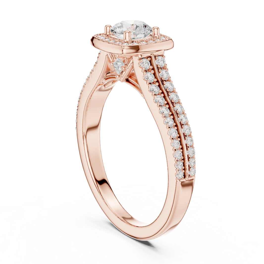Cushion Halo Double Row Pavé Moissanite Engagement Ring in rose 925 sterling silver, view 1