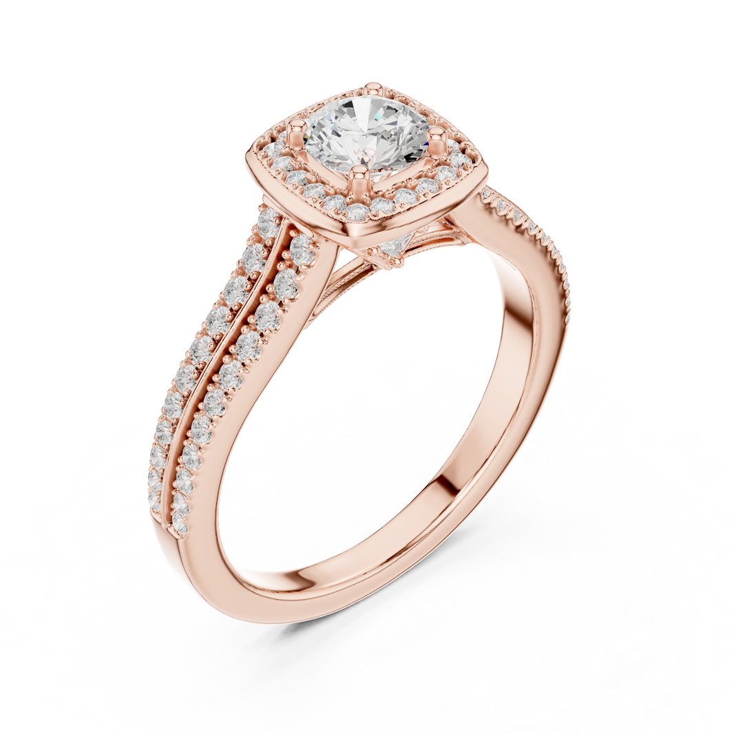 Cushion Halo Double Row Pavé Moissanite Engagement Ring in rose 925 sterling silver, view 2