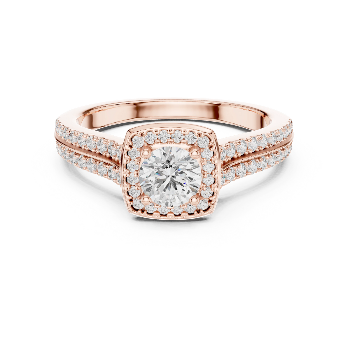 Cushion Halo Double Row Pavé Moissanite Engagement Ring in rose 925 sterling silver, view 4