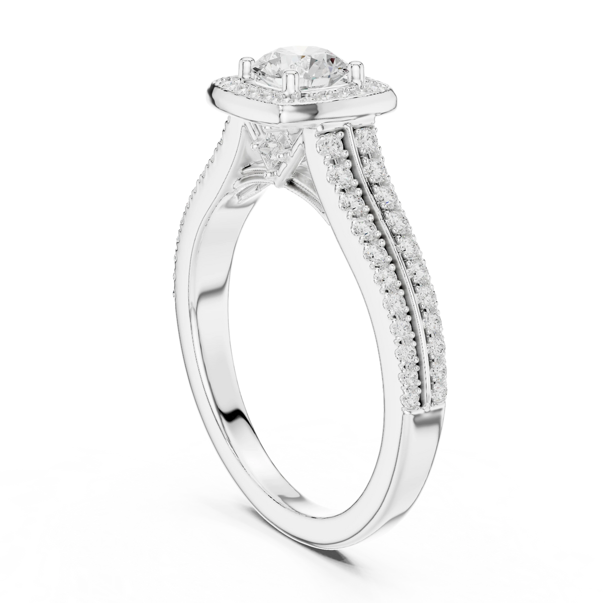 Cushion Halo Double Row Pavé Moissanite Engagement Ring in white 925 sterling silver, view 1