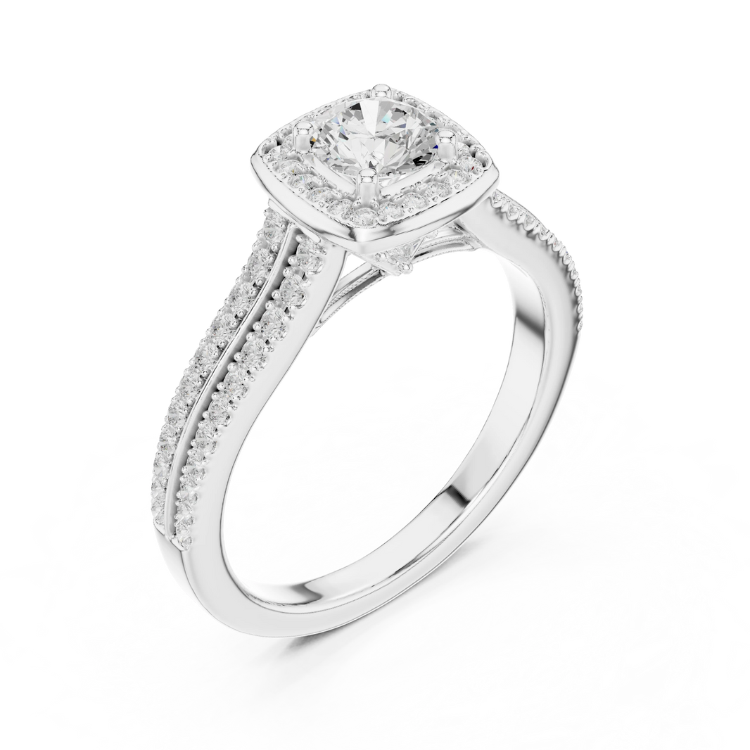 Cushion Halo Double Row Pavé Moissanite Engagement Ring in white 925 sterling silver, view 2