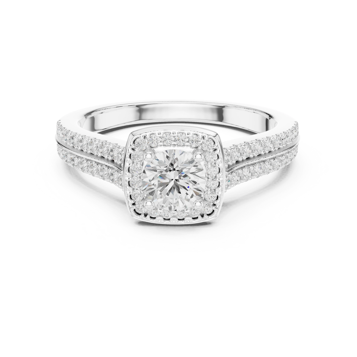 Cushion Halo Double Row Pavé Moissanite Engagement Ring in white 925 sterling silver, view 4