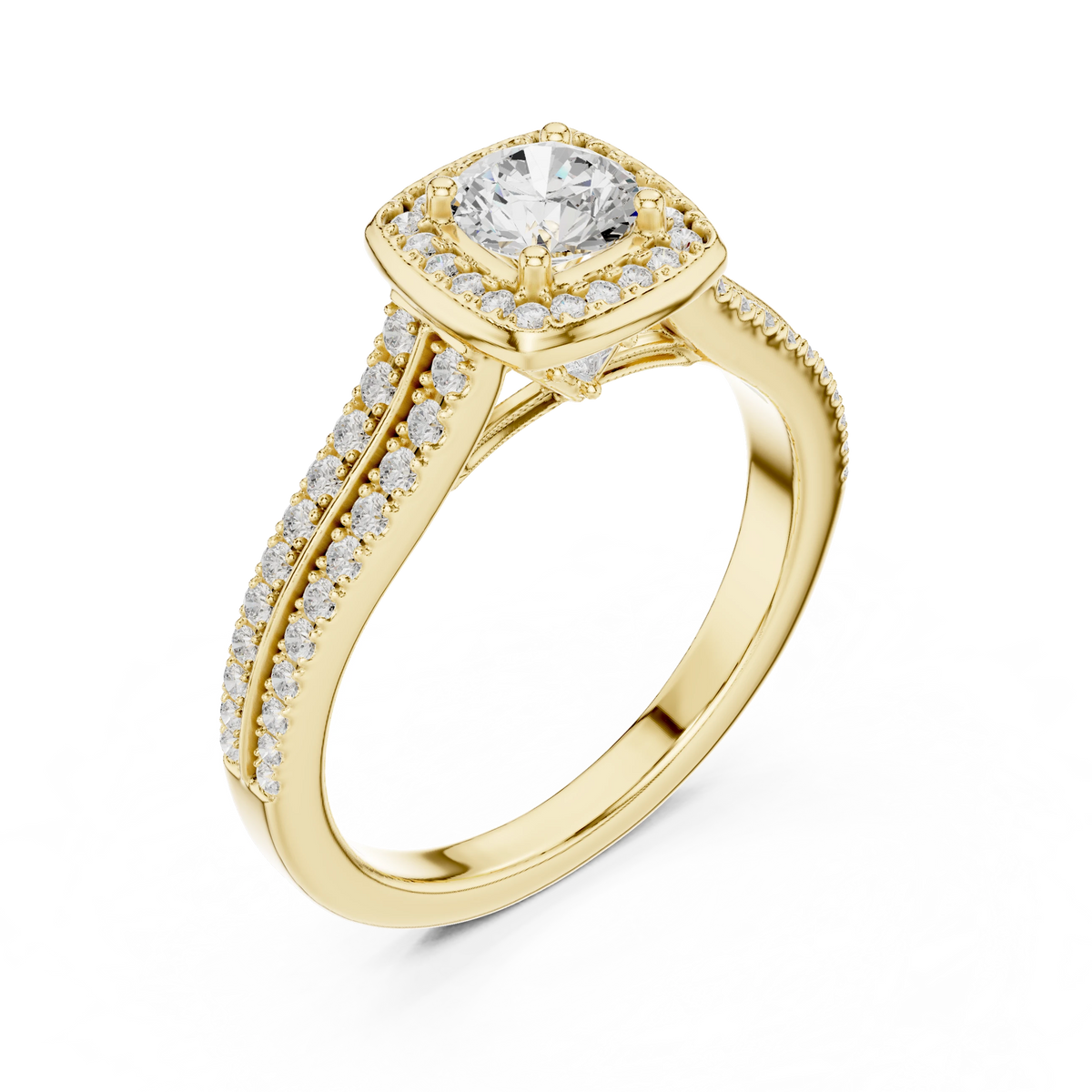 Cushion Halo Double Row Pavé Moissanite Engagement Ring in yellow 925 sterling silver, view 2