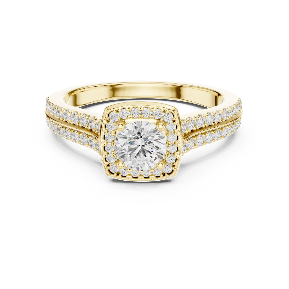 Cushion Halo Double Row Pavé Moissanite Engagement Ring in yellow 925 sterling silver, view 4