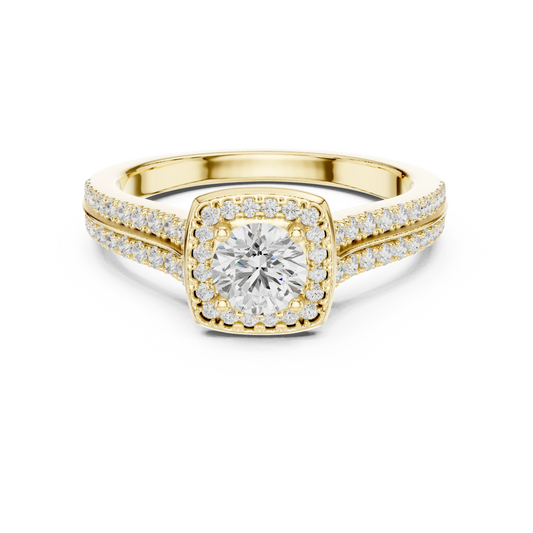 Cushion Halo Double Row Pavé Moissanite Engagement Ring in yellow 925 sterling silver, view 4