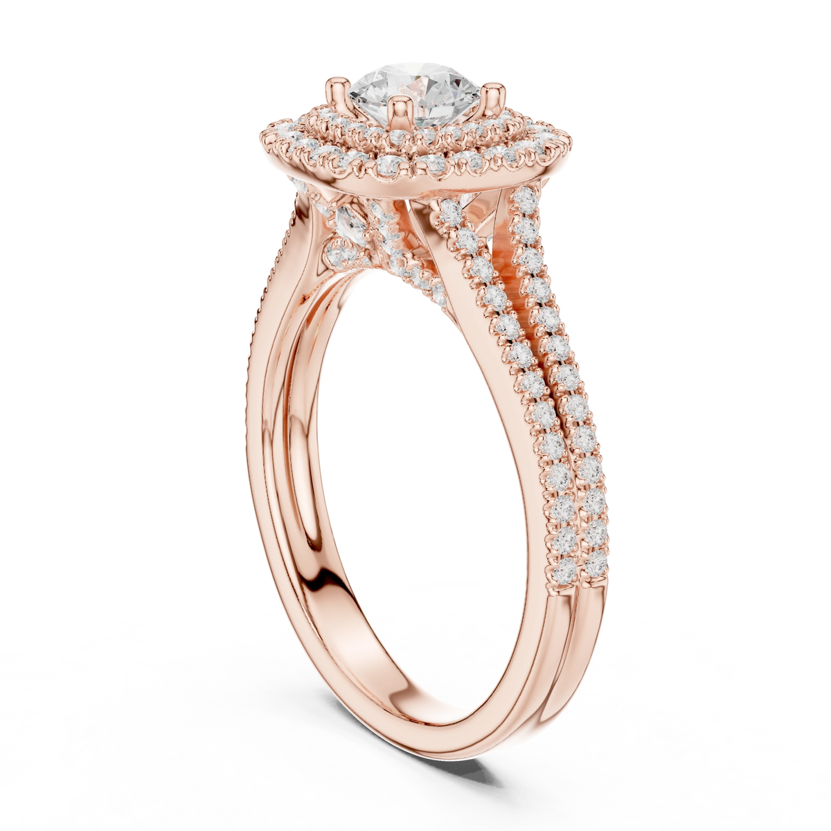 Graduated Double Halo Split Shank Moissanite Engagement Ring in rose 925 sterling silver, view 1