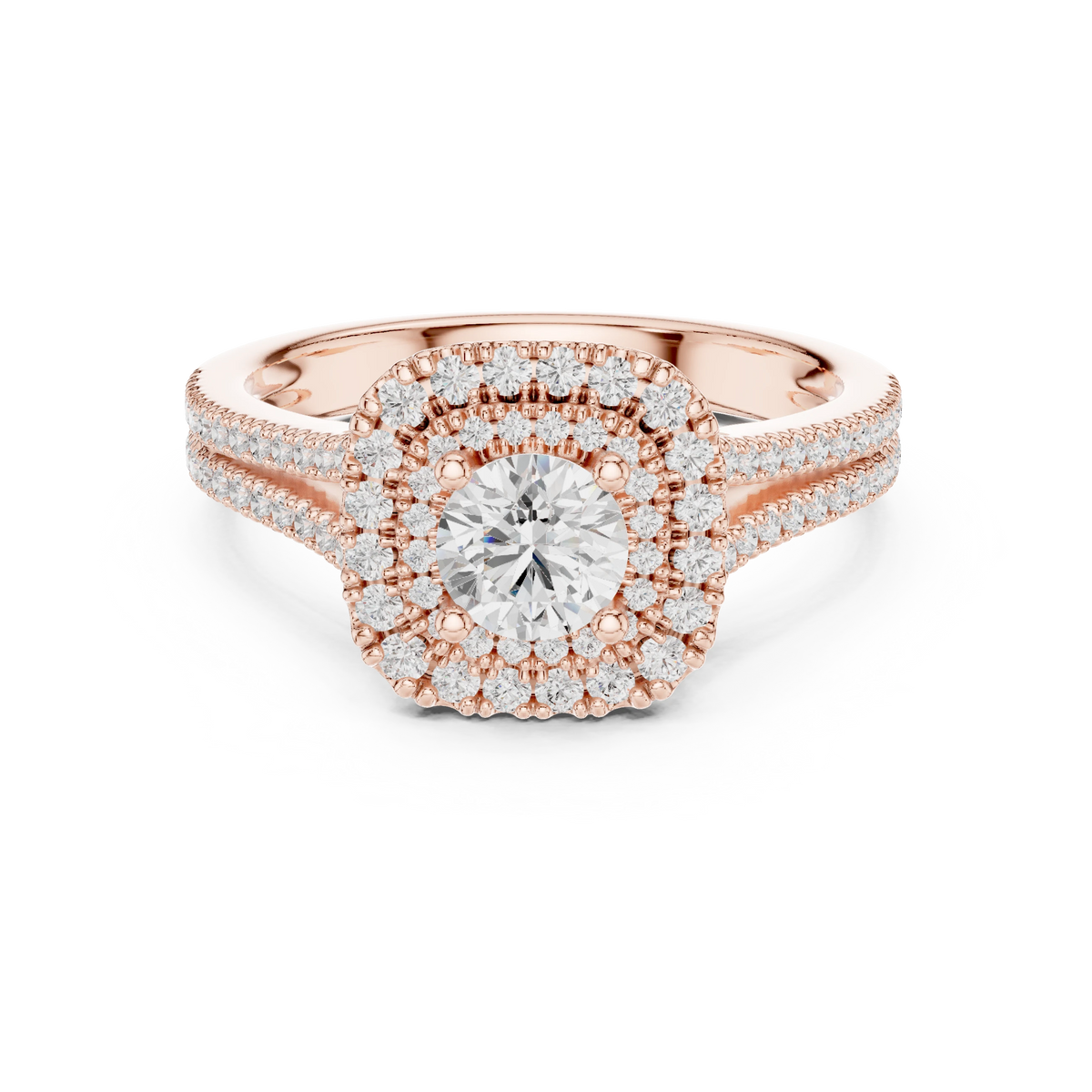 Graduated Double Halo Split Shank Moissanite Engagement Ring in rose 925 sterling silver, view 4