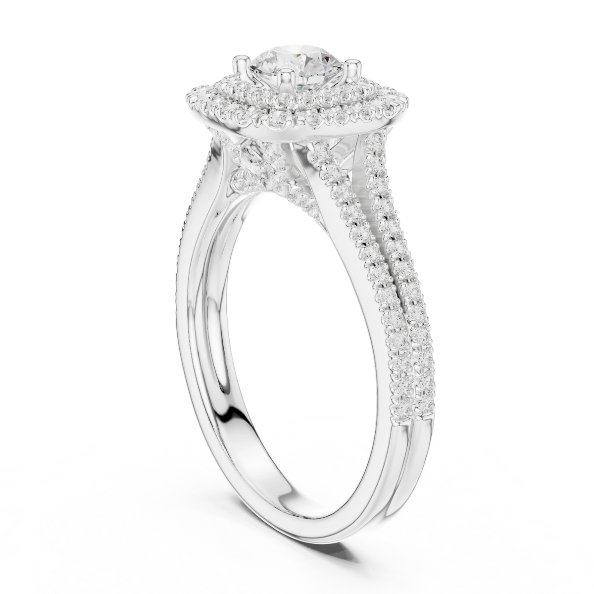 Graduated Double Halo Split Shank Moissanite Engagement Ring in white 925 sterling silver, view 1
