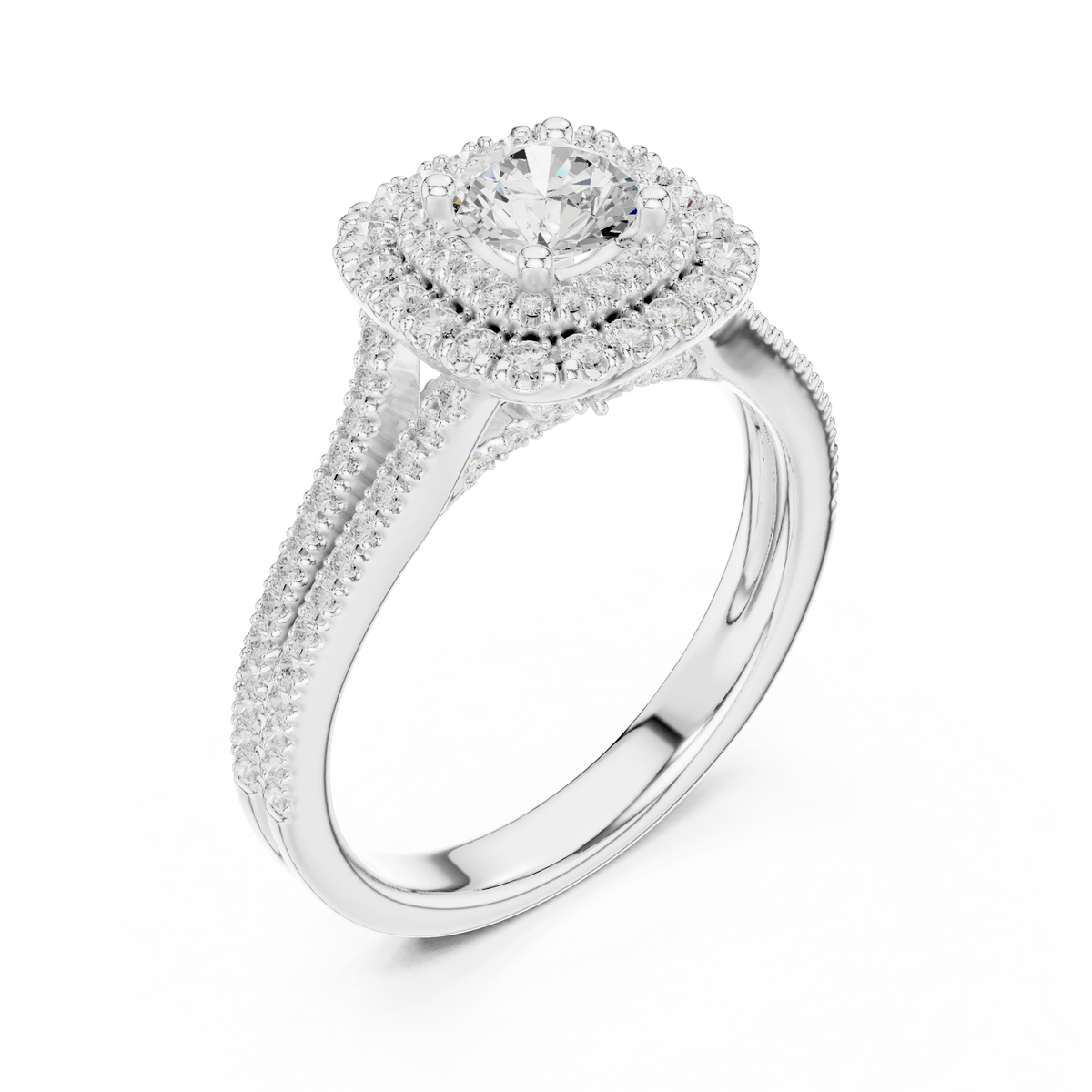Graduated Double Halo Split Shank Moissanite Engagement Ring in white 925 sterling silver, view 2