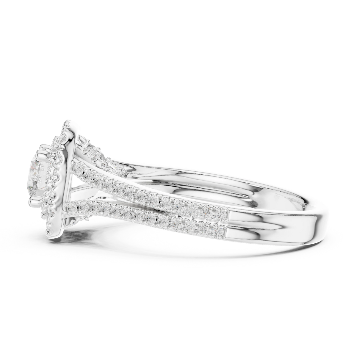 Graduated Double Halo Split Shank Moissanite Engagement Ring in white 925 sterling silver, view 3