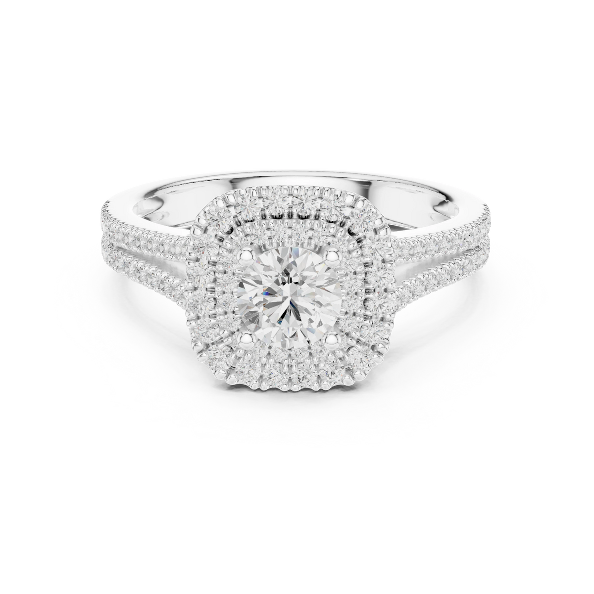 Graduated Double Halo Split Shank Moissanite Engagement Ring in white 925 sterling silver, view 4