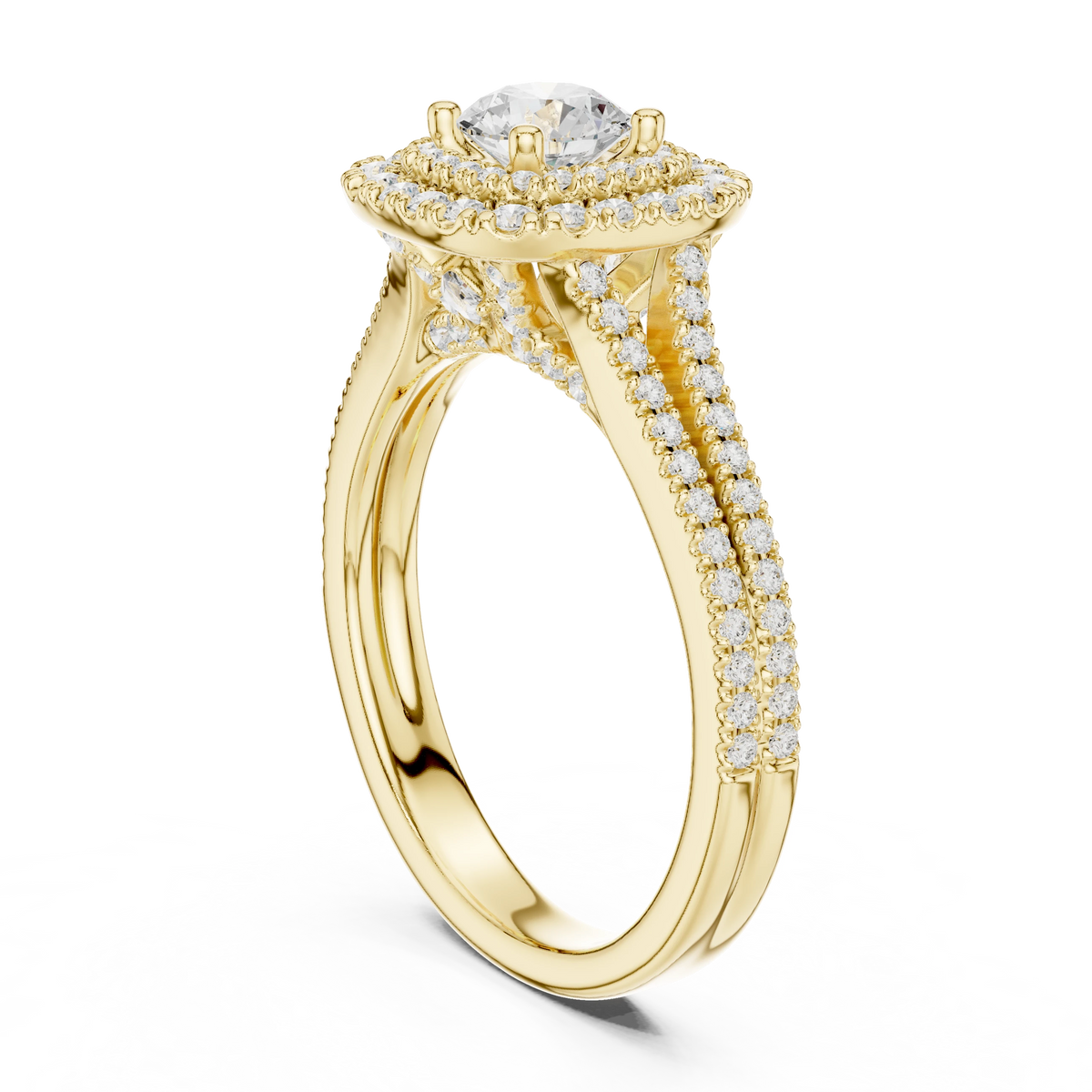 Graduated Double Halo Split Shank Moissanite Engagement Ring in yellow 925 sterling silver, view 1