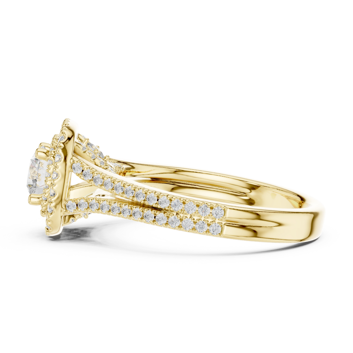 Graduated Double Halo Split Shank Moissanite Engagement Ring in yellow 925 sterling silver, view 3