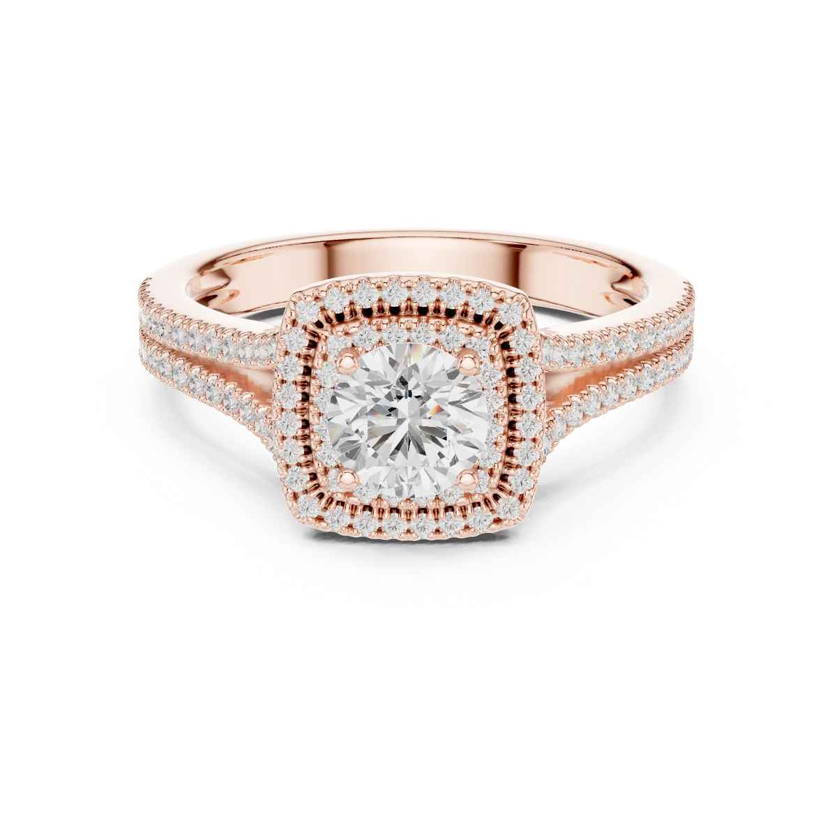 Square Cushion Double Halo Split Shank Moissanite Ring in rose 925 sterling silver, view 4