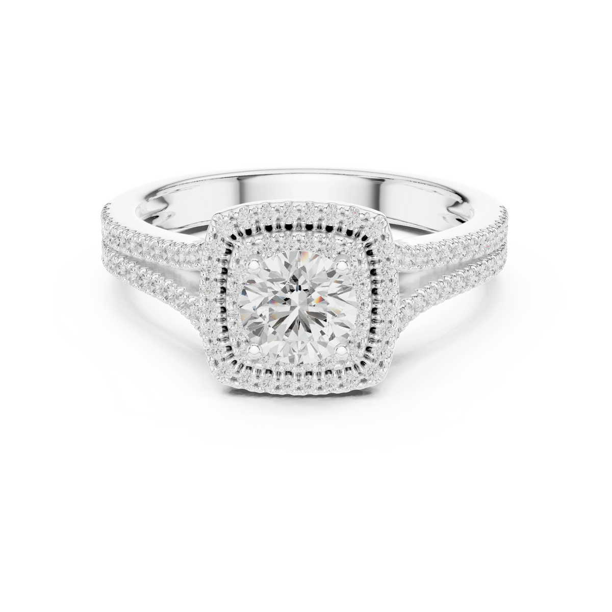Square Cushion Double Halo Split Shank Moissanite Ring in white 925 sterling silver, view 4