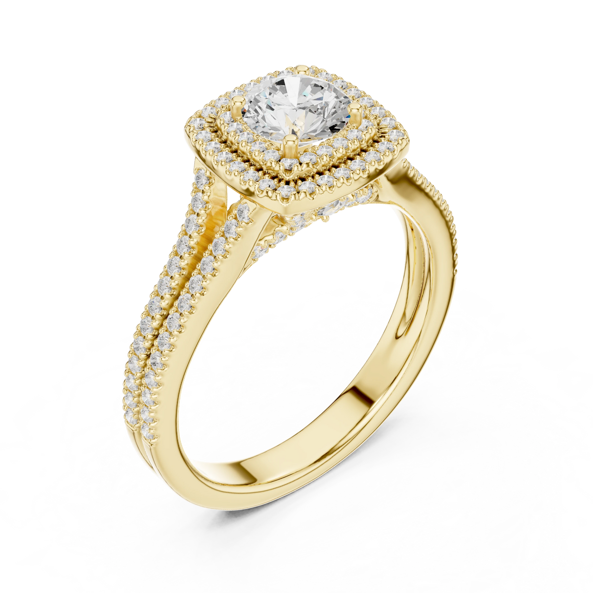 Square Cushion Double Halo Split Shank Moissanite Ring in yellow 925 sterling silver, view 2
