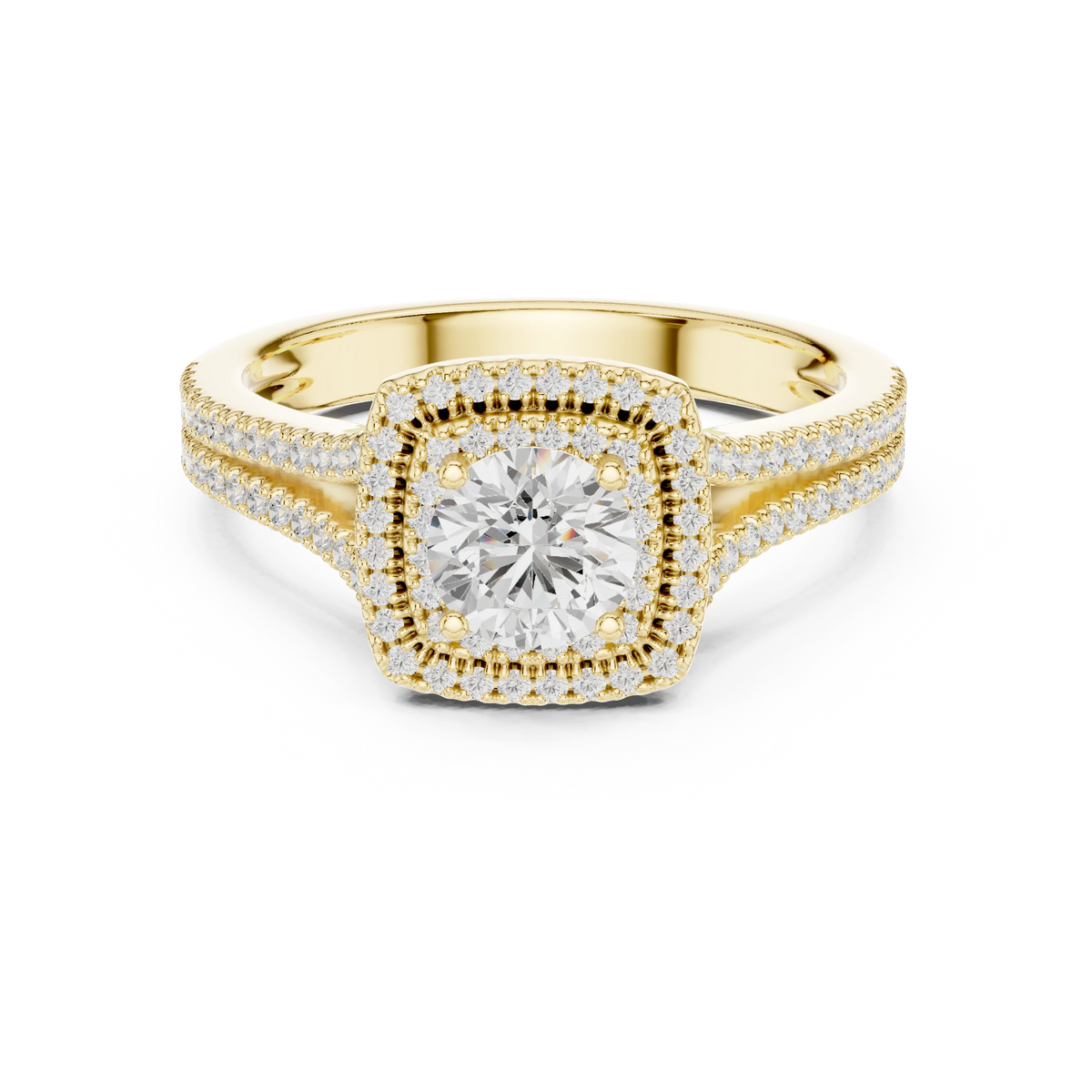 Square Cushion Double Halo Split Shank Moissanite Ring in yellow 925 sterling silver, view 4