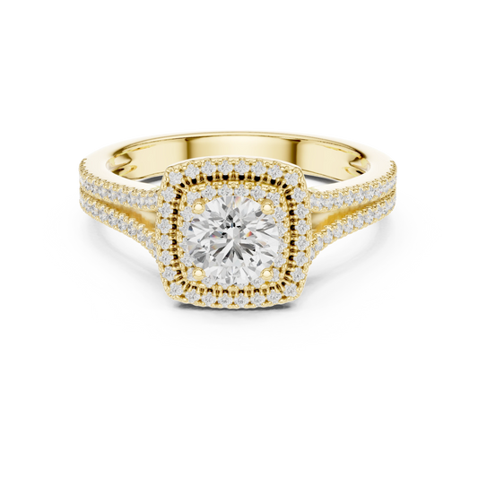 Square Cushion Double Halo Split Shank Moissanite Ring in yellow 925 sterling silver, view 4