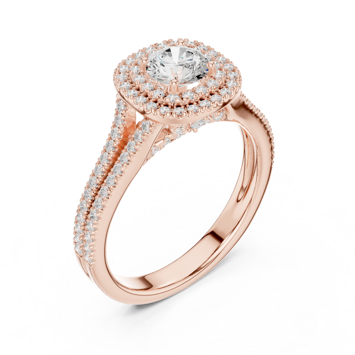Round in Cushion Double Halo Split Shank Moissanite Ring in rose 925 sterling silver, view 2