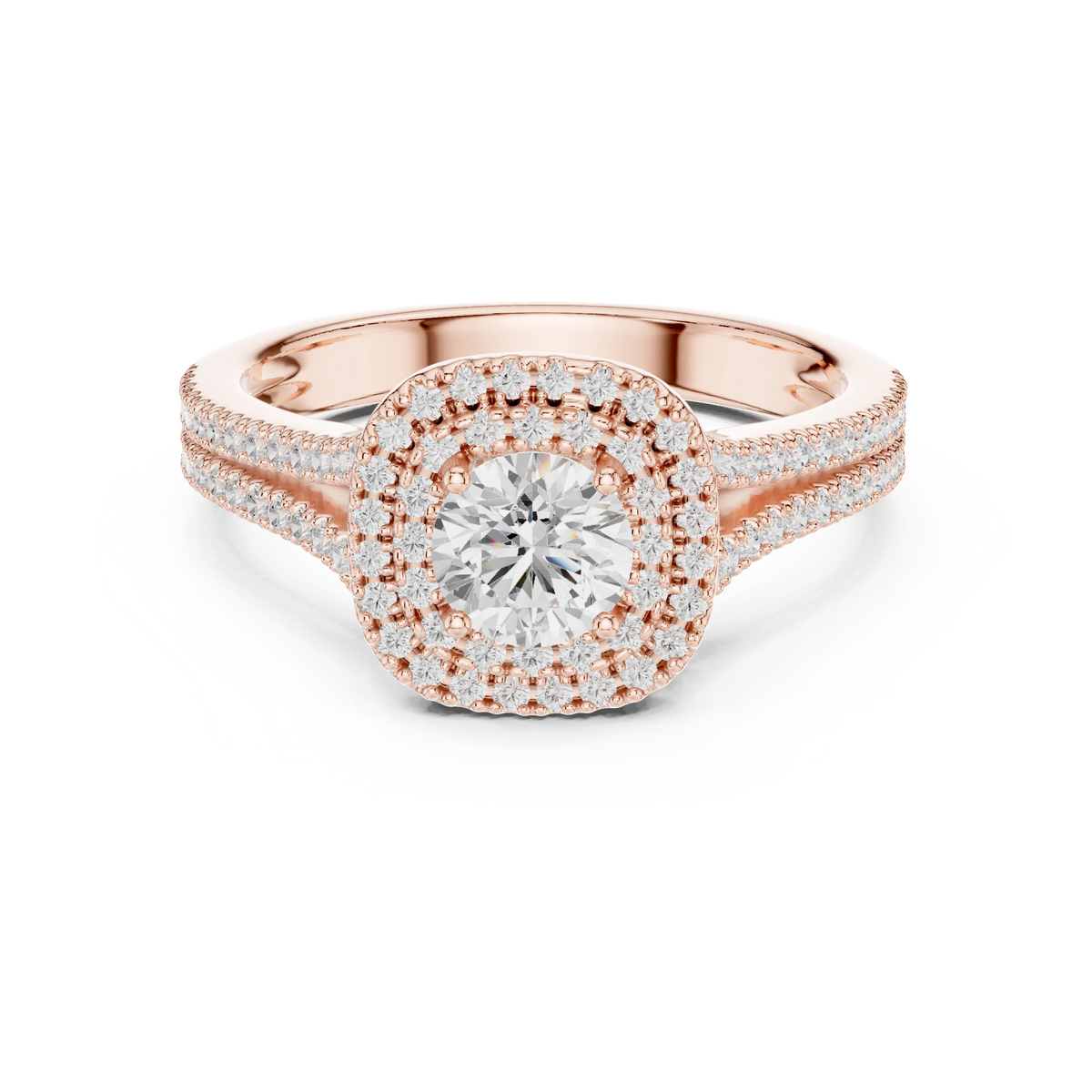 Round in Cushion Double Halo Split Shank Moissanite Ring in rose 925 sterling silver, view 4