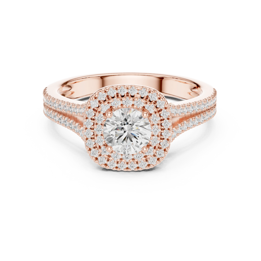 Round in Cushion Double Halo Split Shank Moissanite Ring in rose 925 sterling silver, view 4