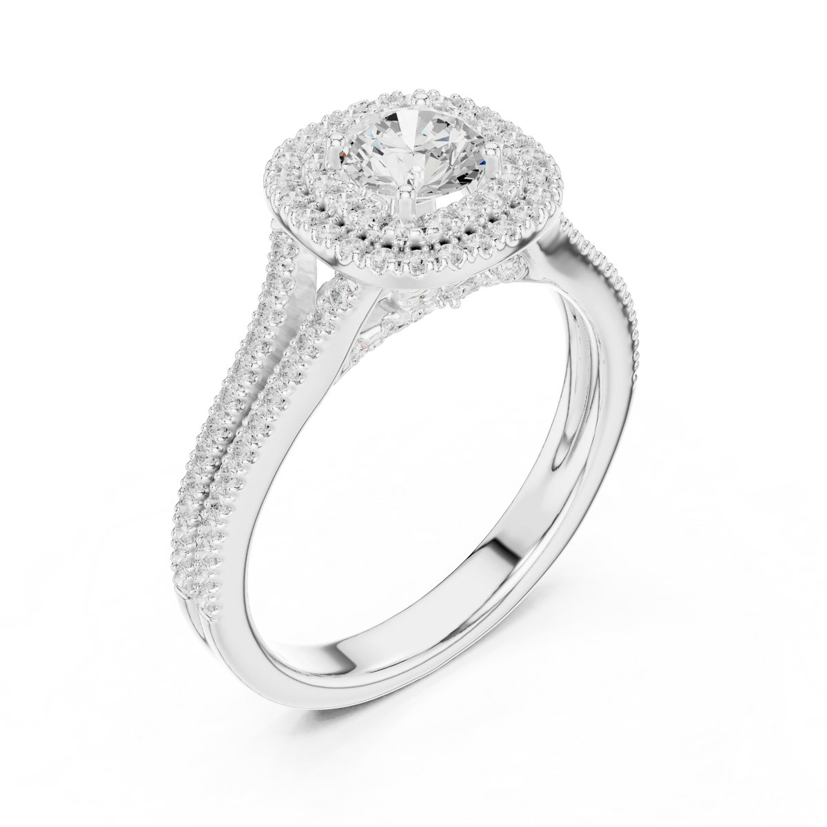 Round in Cushion Double Halo Split Shank Moissanite Ring in white 925 sterling silver, view 2