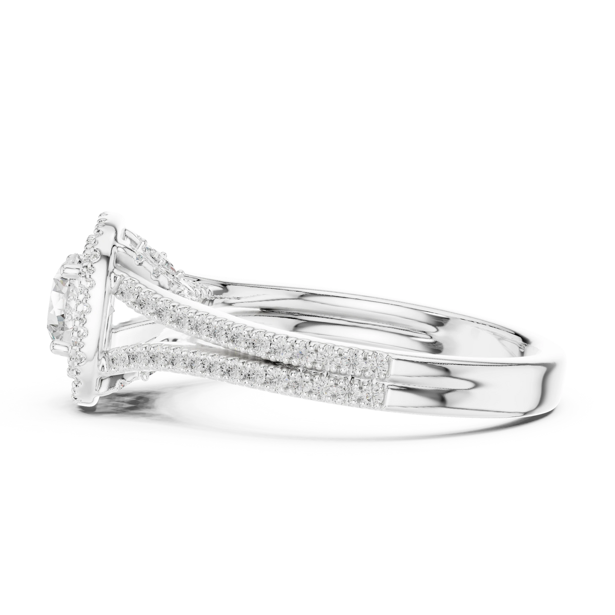 Round in Cushion Double Halo Split Shank Moissanite Ring in white 925 sterling silver, view 3