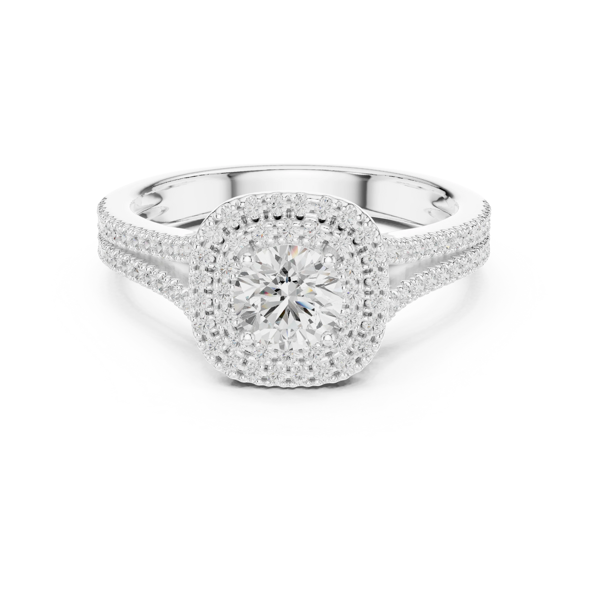 Round in Cushion Double Halo Split Shank Moissanite Ring in white 925 sterling silver, view 4