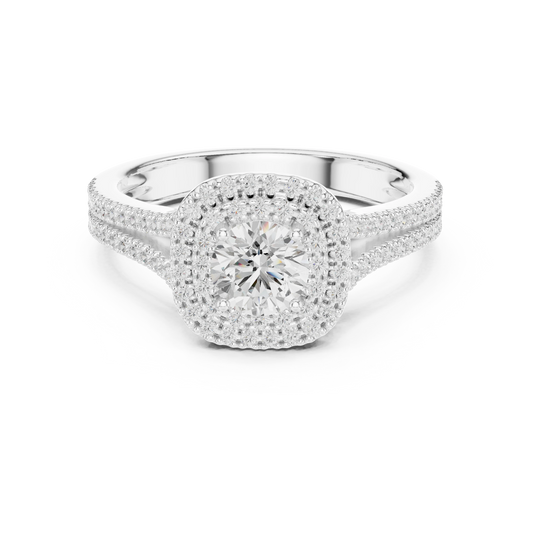 Round in Cushion Double Halo Split Shank Moissanite Ring in white 925 sterling silver, view 4