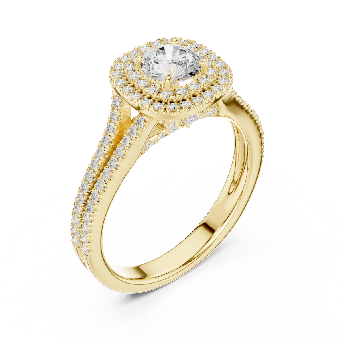 Round in Cushion Double Halo Split Shank Moissanite Ring in yellow 925 sterling silver, view 2