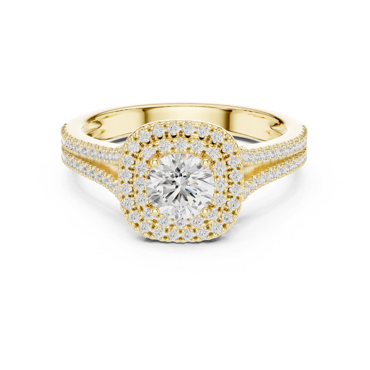 Round in Cushion Double Halo Split Shank Moissanite Ring in yellow 925 sterling silver, view 4