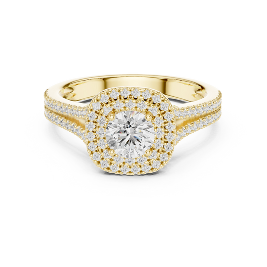 Round in Cushion Double Halo Split Shank Moissanite Ring in yellow 925 sterling silver, view 4