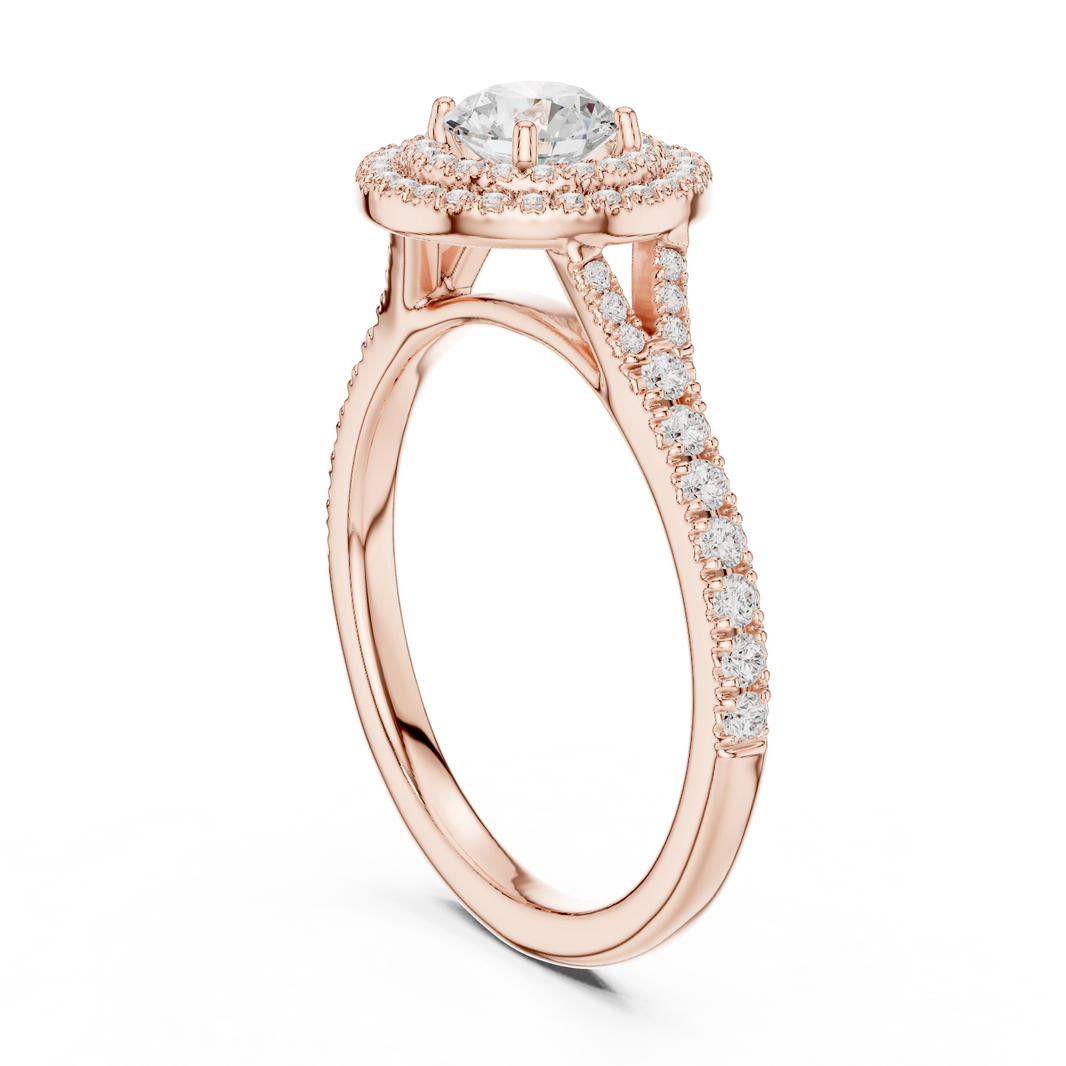 Round Double Halo Split Shank Moissanite Engagement Ring in rose 925 sterling silver, view 1