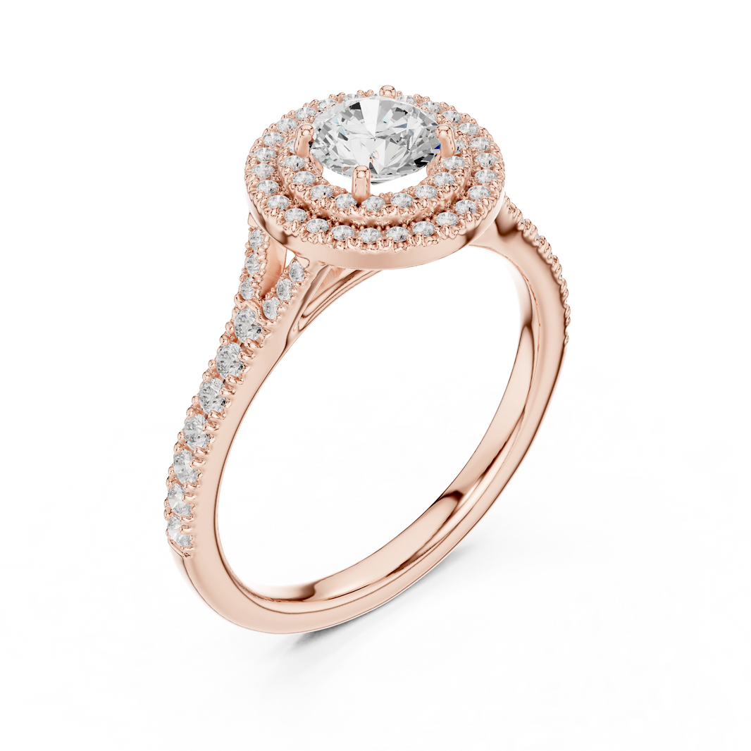 Round Double Halo Split Shank Moissanite Engagement Ring in rose 925 sterling silver, view 2
