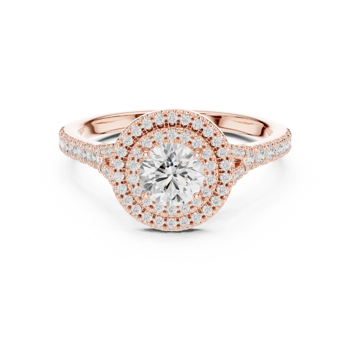 Round Double Halo Split Shank Moissanite Engagement Ring in rose 925 sterling silver, view 4