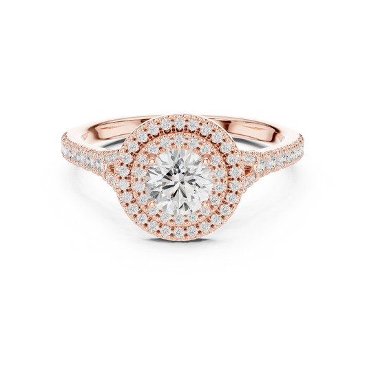 Round Double Halo Split Shank Moissanite Engagement Ring in rose 925 sterling silver, view 4