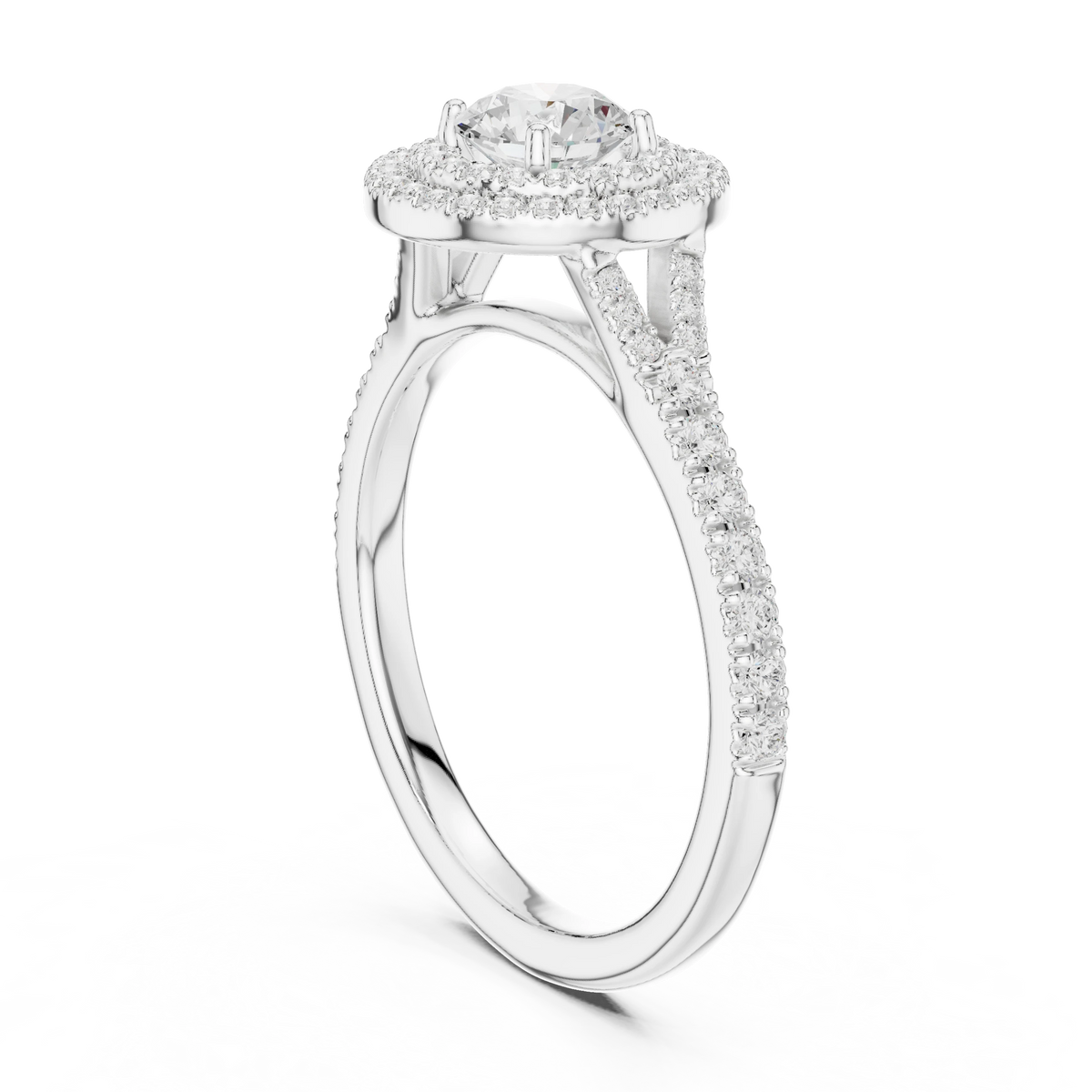 Round Double Halo Split Shank Moissanite Engagement Ring in white 925 sterling silver, view 1