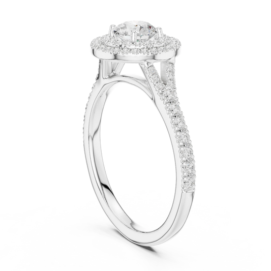 Round Double Halo Split Shank Moissanite Engagement Ring in white 925 sterling silver, view 1