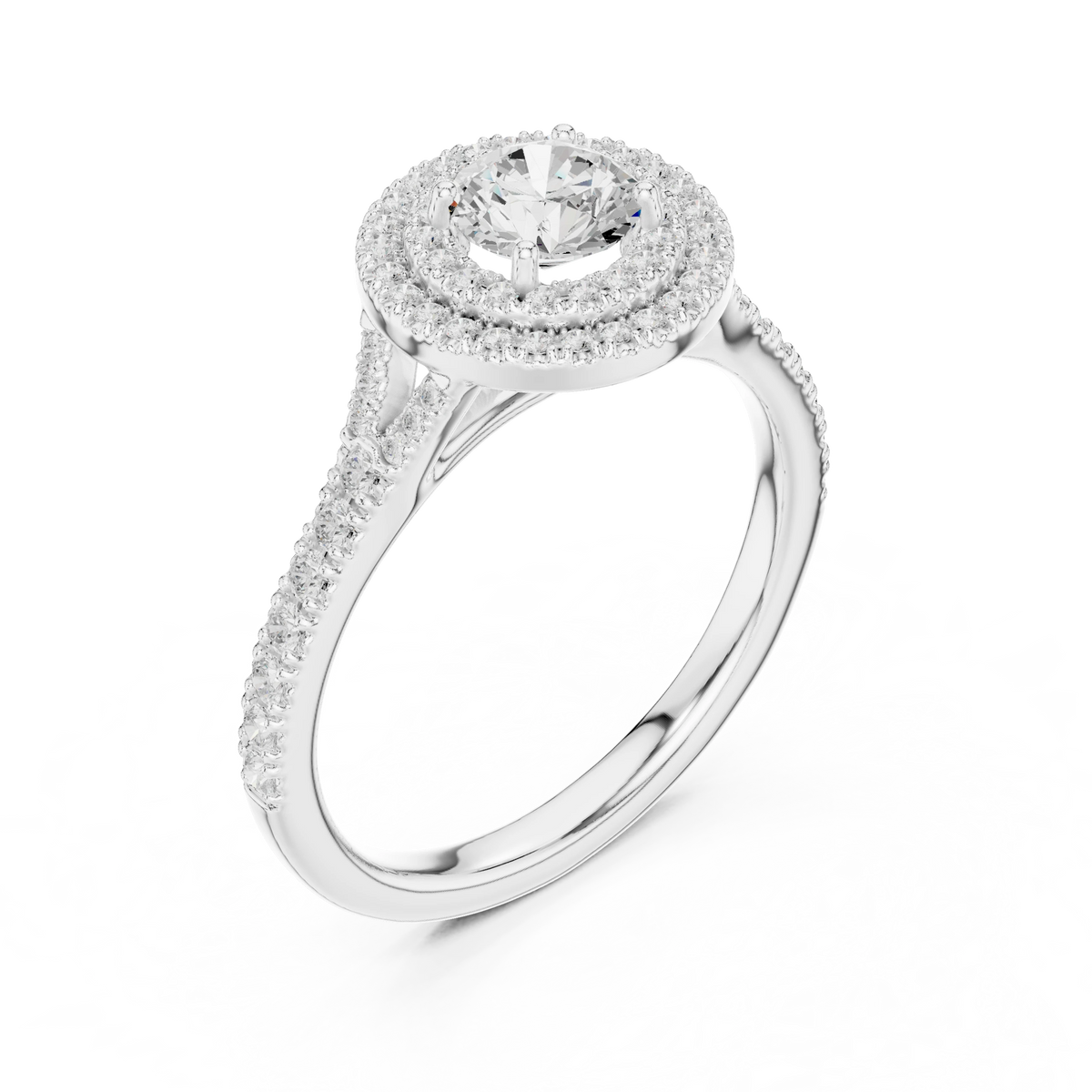 Round Double Halo Split Shank Moissanite Engagement Ring in white 925 sterling silver, view 2