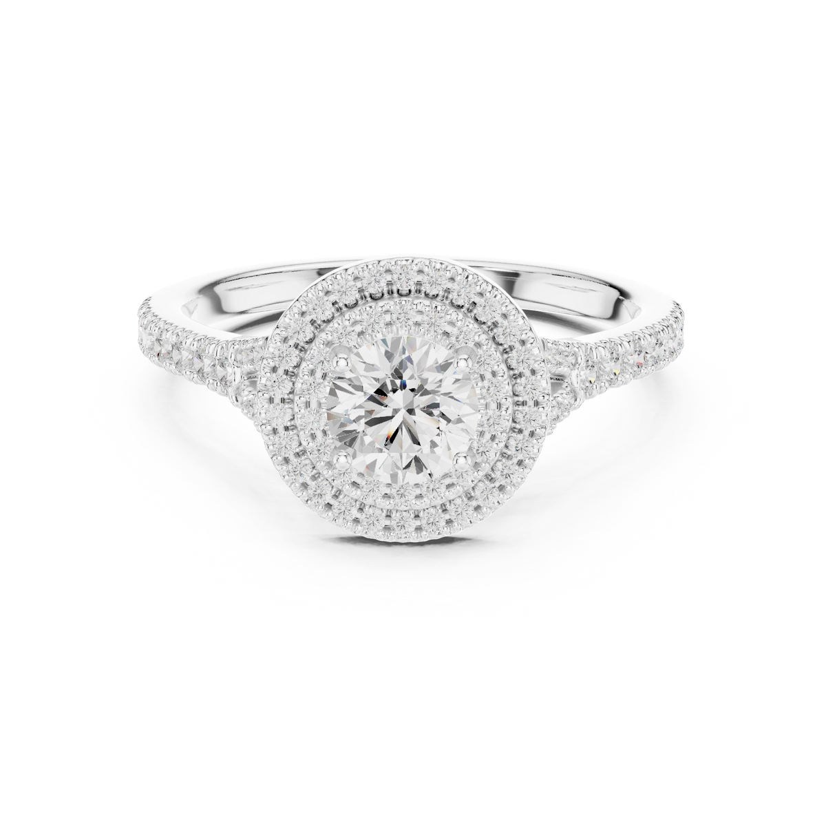 Round Double Halo Split Shank Moissanite Engagement Ring in white 925 sterling silver, view 4