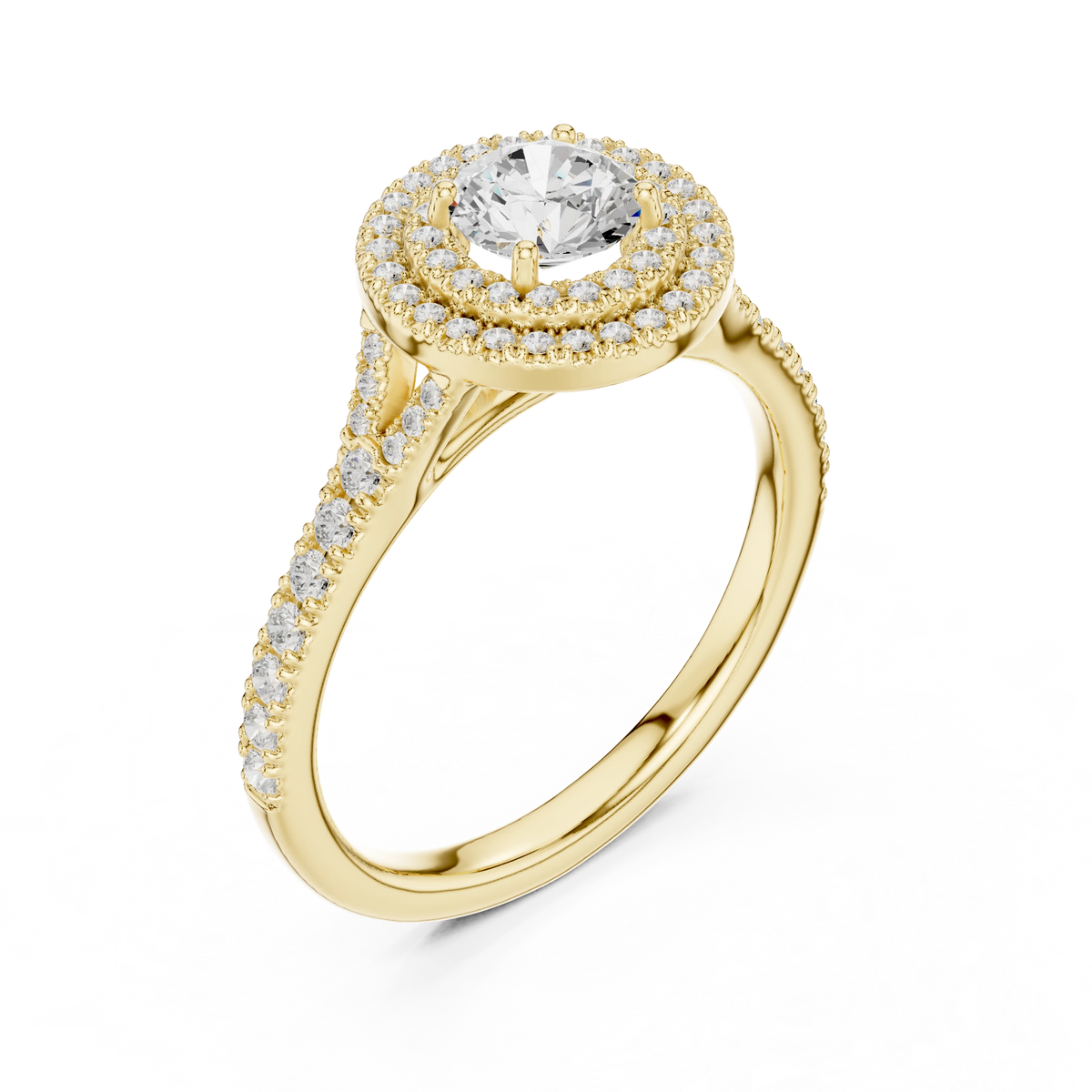 Round Double Halo Split Shank Moissanite Engagement Ring in yellow 925 sterling silver, view 2