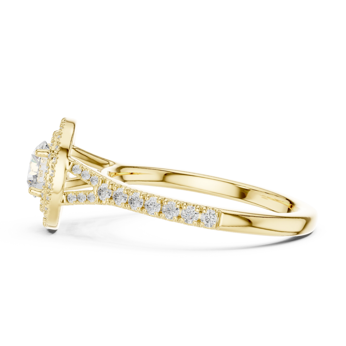 Round Double Halo Split Shank Moissanite Engagement Ring in yellow 925 sterling silver, view 3