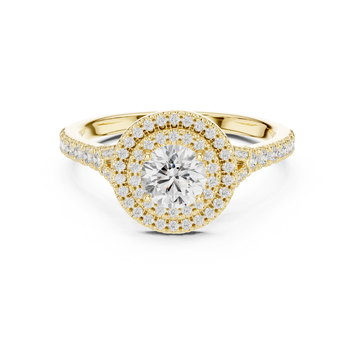 Round Double Halo Split Shank Moissanite Engagement Ring in yellow 925 sterling silver, view 4