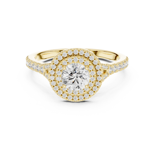 Round Double Halo Split Shank Moissanite Engagement Ring in yellow 925 sterling silver, view 4