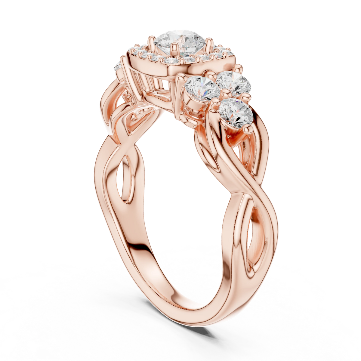 Cushion Halo Six Side Stone Twist Moissanite Engagement Ring in rose 925 sterling silver, view 1