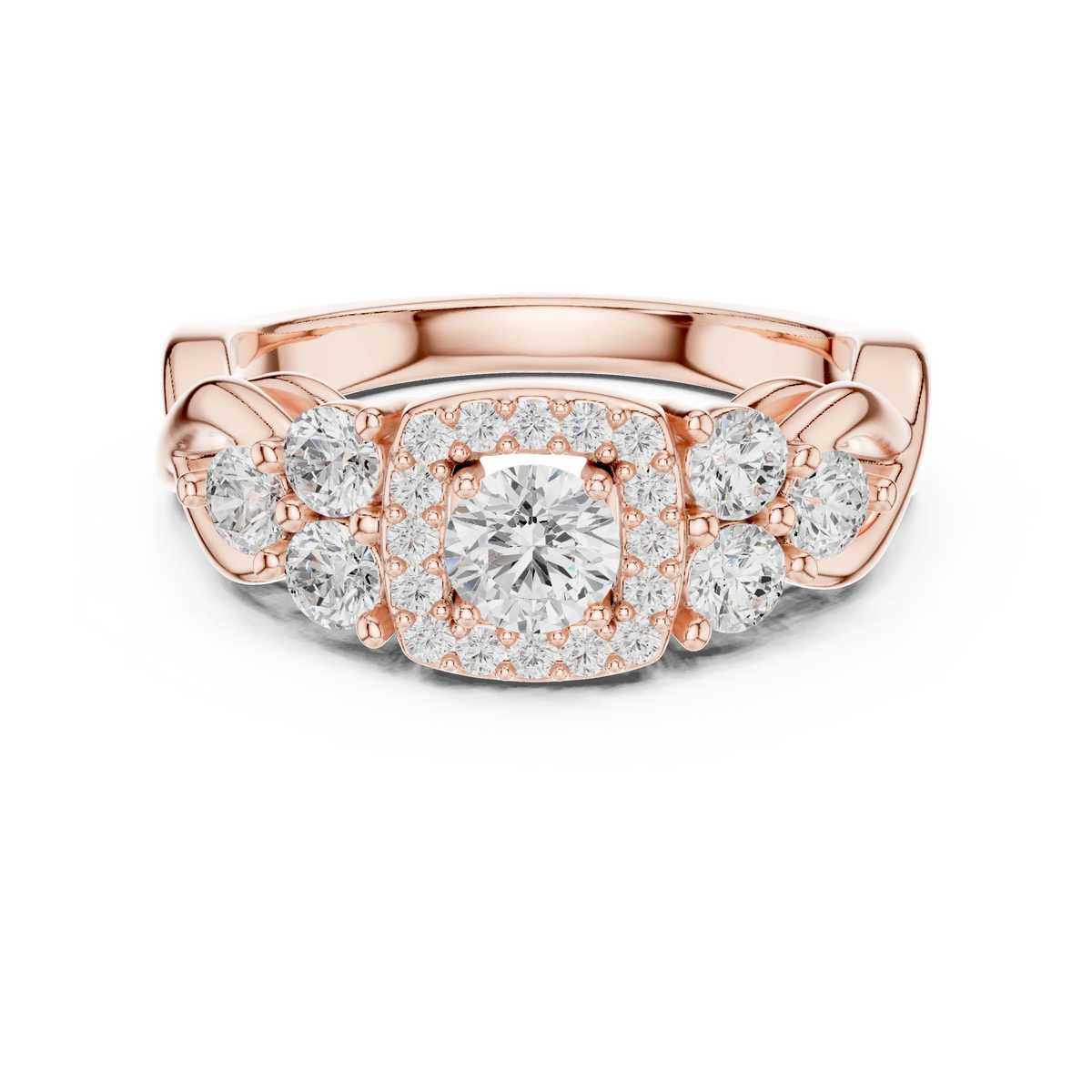 Cushion Halo Six Side Stone Twist Moissanite Engagement Ring in rose 925 sterling silver, view 4