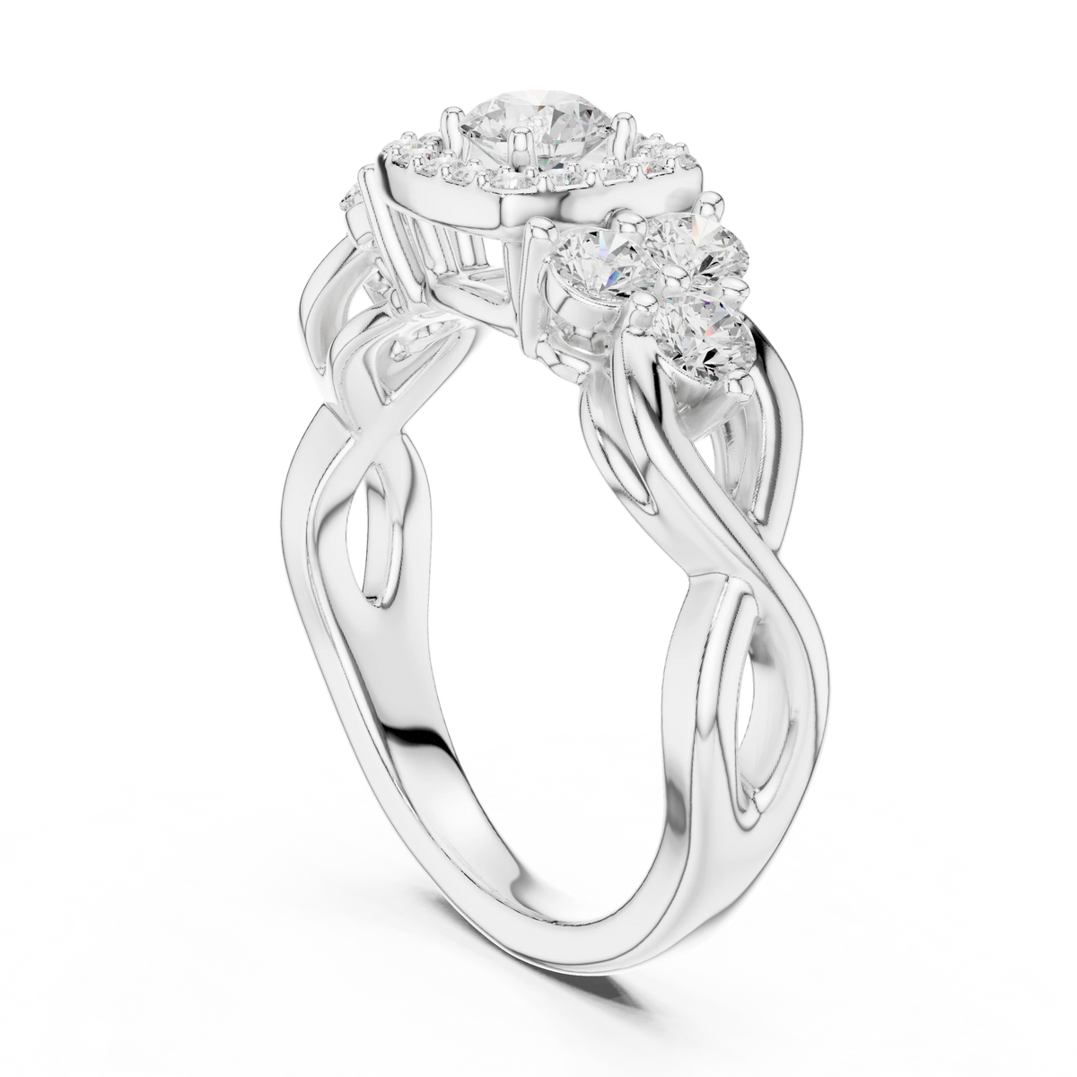 Cushion Halo Six Side Stone Twist Moissanite Engagement Ring in white 925 sterling silver, view 1