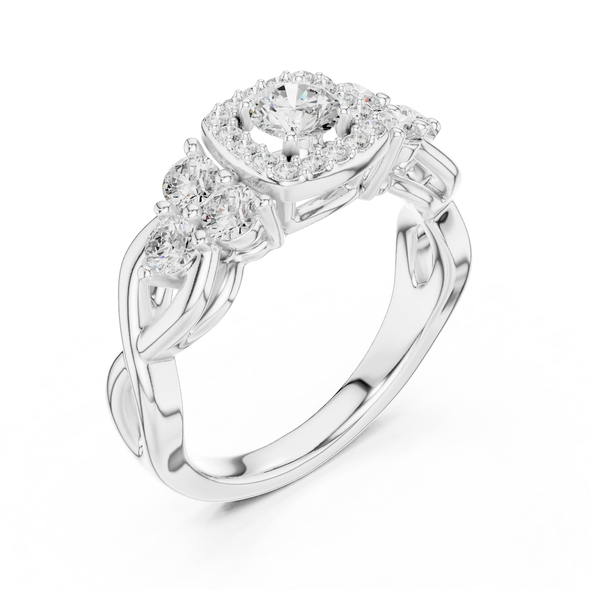 Cushion Halo Six Side Stone Twist Moissanite Engagement Ring in white 925 sterling silver, view 2