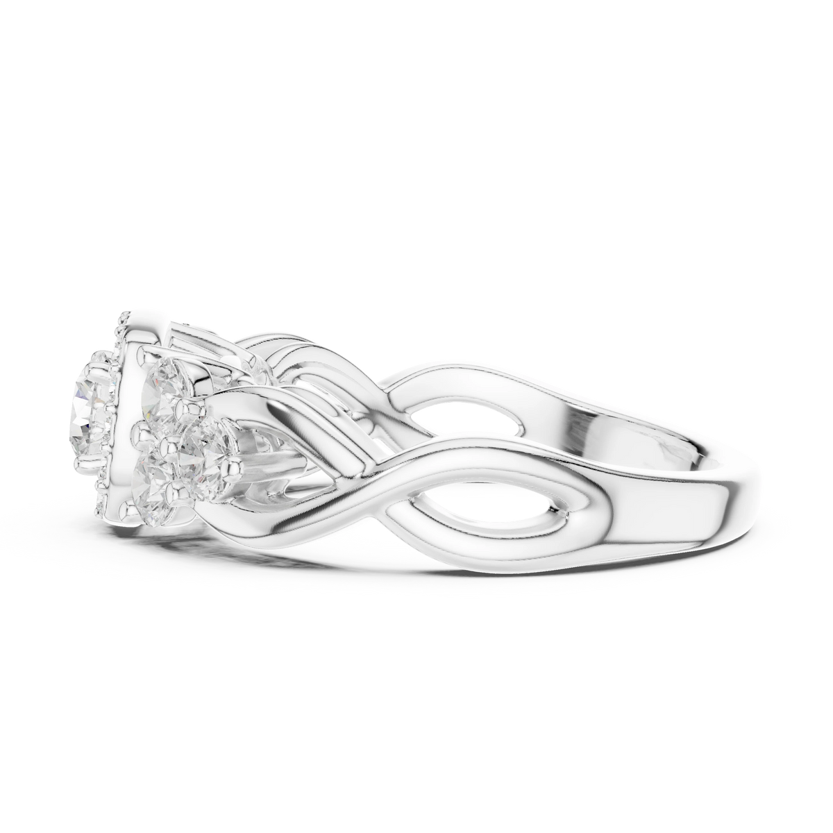 Cushion Halo Six Side Stone Twist Moissanite Engagement Ring in white 925 sterling silver, view 3