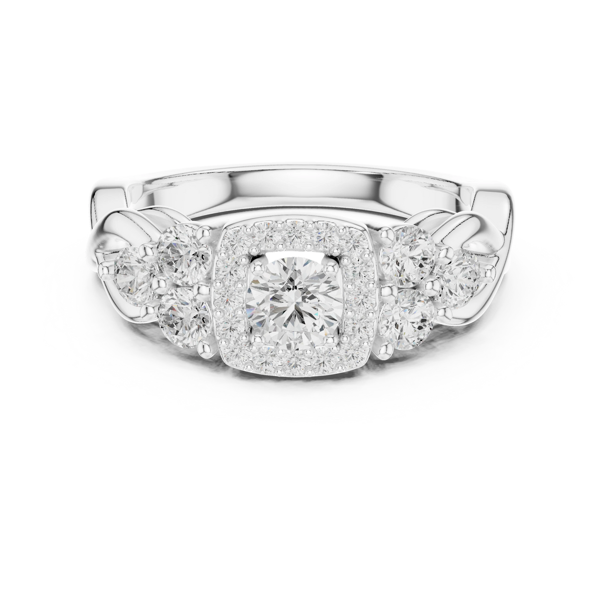 Cushion Halo Six Side Stone Twist Moissanite Engagement Ring in white 925 sterling silver, view 4